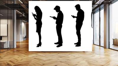 graphics silhouette Business woman and man hold smartphone for connection by technology vector illustration Wall mural