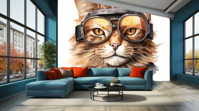 A close-up portrait of a cat wearing goggles, looking directly at the camera with a serious expression.  The cat has a brown tabby coat. Wall mural