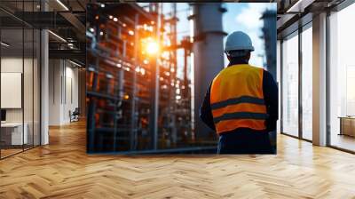 A construction worker in safety gear observes an industrial site during sunset, showcasing dedication and professionalism. Wall mural