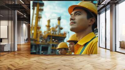 A focused worker in safety gear stands confidently at an industrial site, symbolizing dedication and teamwork in construction. Wall mural