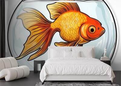 A vibrant goldfish swimming gracefully in a clear bowl, showcasing its colorful fins and serene aquatic environment. Wall mural