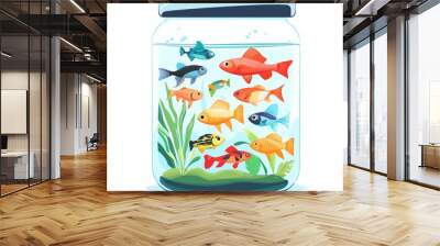 Colorful fish swimming in a clear glass aquarium with vibrant plants, creating a lively underwater scene. Wall mural