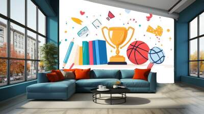 Colorful illustration of a trophy among sports items, books, and art supplies, symbolizing achievement and teamwork. Wall mural