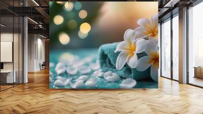 Spa treatment concept with frangipani flowers in a bowl, designed for high-resolution beauty advertisements (close-up, calm theme, vibrant, Multilayer, studio backdrop). Wall mural