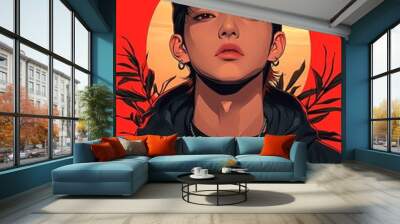 Stylish young man posing against a vibrant background, showcasing modern street fashion and a confident demeanor. Wall mural