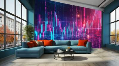 Vibrant abstract representation of financial data with colorful graphs and digital elements, ideal for technology and finance themes. Wall mural