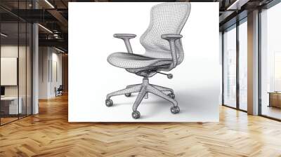 Wireframe rendering of a modern office chair with adjustable height and wheels. Wall mural