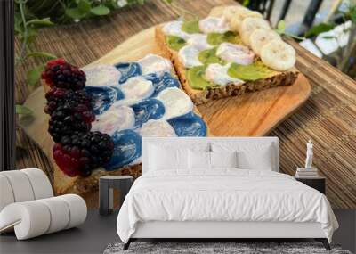 Greek yoghurt mixed blue almond peanut butter toast with blackberries and greek yoghurt matcha almonds butter toast with banana. Wall mural