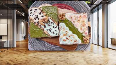 Matcha almonds butter toast with yoghurt and almonds mixed cacao nibs Wall mural