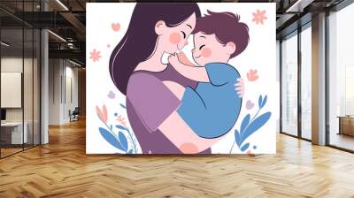 cute cartoon asian mother carrying her son with happy face. Wall mural