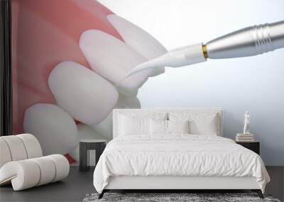 Dental laser with healthy white teeth and pink gums, 3D rendering. Wall mural