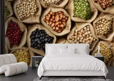 Legumes bean seed in sack, top view Wall mural