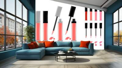 Collection of lipstick tubes with different color shade. Colorful lip gloss smudges. Makeup cosmetic product package. Vector illustration. Wall mural