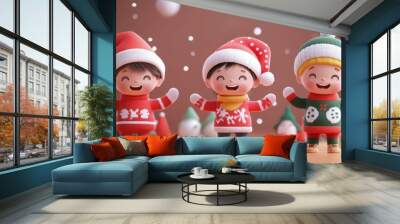 3d illustrations of kindergarten children doing manual christmas activities in winter sweaters Wall mural