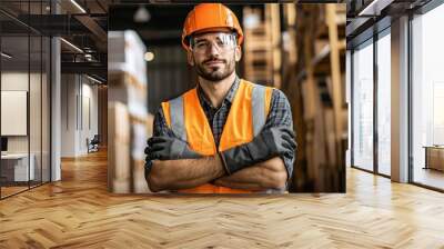 A confident male worker in safety gear stands with crossed arms, showcasing professionalism in a warehouse environment filled with stacked materials. Wall mural