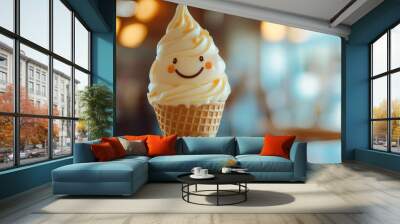 a happy smiling ice cream in a cone with copy space Wall mural