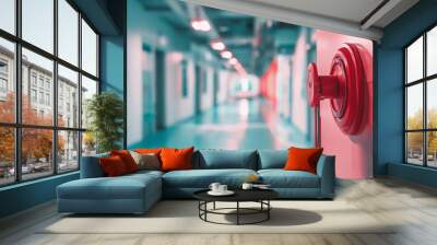 A vibrant hallway features a striking red emergency fire alarm against a softly blurred backdrop of pale walls and teal flooring. Wall mural