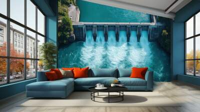 Aerial view of water discharge at hydroelectric power plant Wall mural