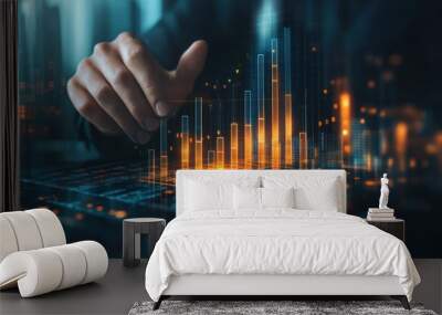 Compose a photograph showcasing a businessman's hand hovering over a rapidly ascending bar graph on a digital screen Wall mural