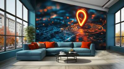 Digital location pin icon with binary code, artificial intelligence in navigation applications Wall mural