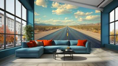 mirror view, desert highway, sunny day, blue sky, clouds, blurred background, vintage American road trip Wall mural