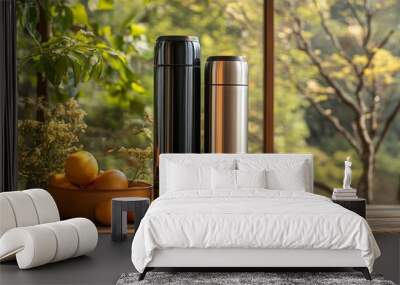 Modern stainless steel thermos with a sleek design, travel companion Wall mural