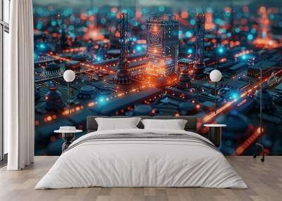 monitoring renewable energy grids, visualized in a sleek, high-tech style, showcasing the fusion of innovation and sustainability, blue sci-fi tone. Wall mural