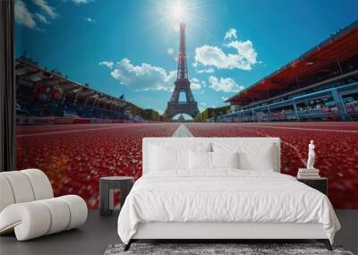 red running track with views of the vibrant blue sky and the top of the Eiffel Tower in Paris in the background Wall mural