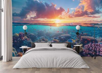 Underwater and above water view with coral reef marine life Wall mural