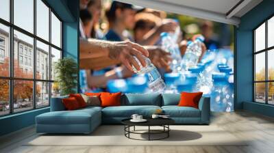 Volunteers distributing water bottles during a marathon, sports events, volunteerism Wall mural