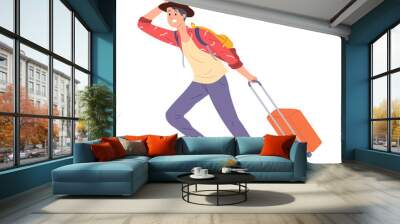 vector illustration of a young man rushing to drag a briefcase while on his way Wall mural