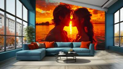 Couple sharing a heartfelt kiss during a romantic getaway. Wall mural