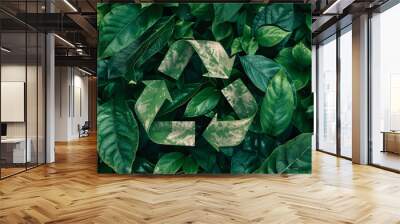 a symbol of waste recycling with green leaves. environmental protection concept. Wall mural