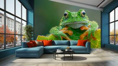 A green frog is clinging to a leaf for flora and fauna concept. Wall mural