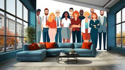 Flat illustration featuring a diverse group of people, such as entrepreneurs or office workers, standing together in unity, isolated on a white background. Wall mural