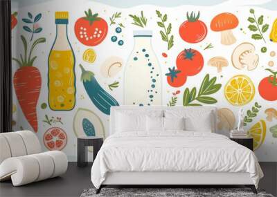 Vegetable and fruit illustrations isolated on a white background for a healthy food concept. Wall mural