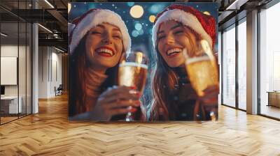 happy girlfriends celebrating christmas together Wall mural