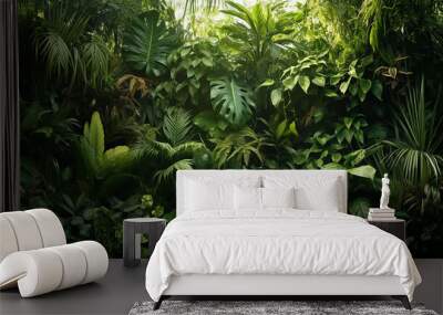 variety of beautiful green fresh tropical lush foliage with sunlight Wall mural