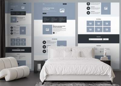 One page landing website design template for business. Landing page ux ui wireframe. Flat modern responsive design. website: home, features, about, services, gallery, testimonial, footer. Wall mural