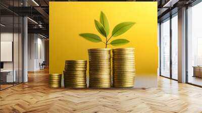 A stack of coins with a green plant growing from the top, symbolizing financial growth and sustainability. Wall mural