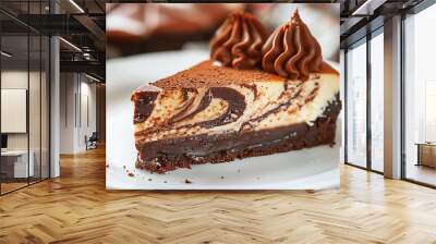 Chocolate swirl cheesecake on a white plate. Wall mural