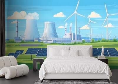 Clean energy generated by solar energy panels, nuclear power plant and wind turbines Transition energy concept Wall mural