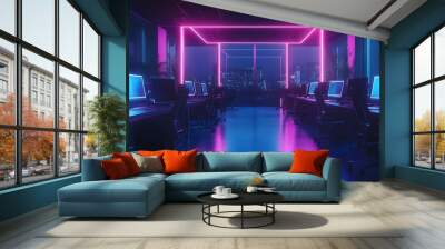 Futuristic office interior with neon lights and sleek computer desks, creating a vibrant and modern workspace atmosphere. Wall mural