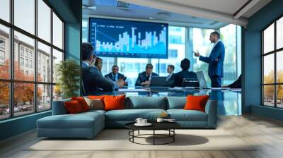 Medium-sized business professionals meeting with financiers in a sleek conference room, discussing financial projections and investment opportunities for their startup. Wall mural