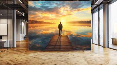 Person standing on a dock, looking out at a calm lake at sunrise, symbolizing a new beginning Wall mural