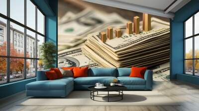 Stack of dollar bills with a declining interest rate chart, economic effects on savings Wall mural