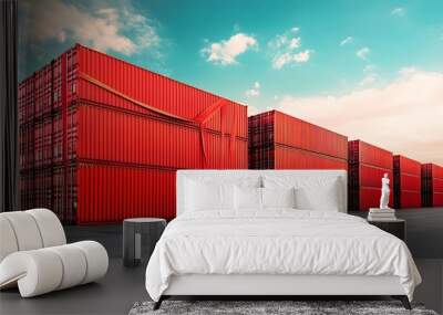 Vibrant red shipping containers stacked in an organized manner under a clear sky, showcasing industrial storage and transport. Wall mural