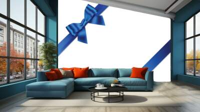 Blue Ribbon Bow Realistic shiny satin with shadow place on corner of paper for decorate your wedding invitation card ,father's day card , certificate or gift boxes vector EPS10 isolated on white Wall mural