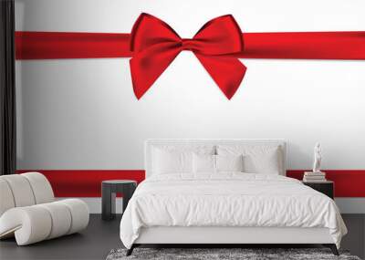 Red bow Realistic shiny satin and ribbon horizontal line with shadow for decorate your christmas card or gift card,vector EPS10 isolated on white background. Wall mural