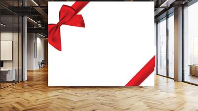 Red bow realistic shiny satin and ribbon with shadow place on corner of paper for decorative your christmas card vector EPS10 isolated on white background. Wall mural